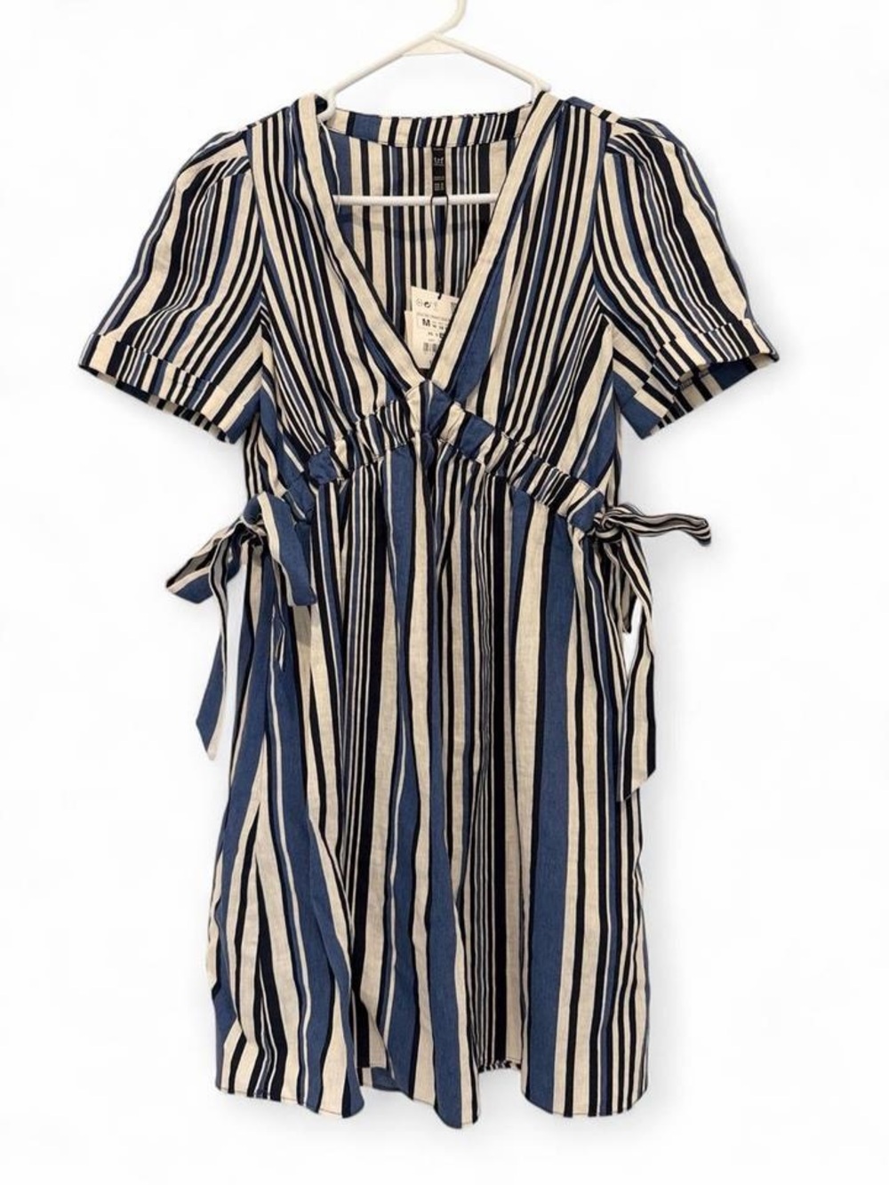 Zara Navy, blue & Cream Striped Deep V- neck Mini Dress with bows